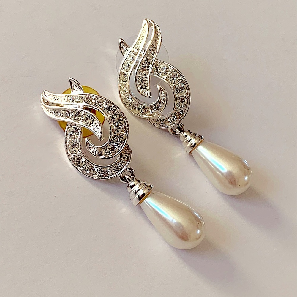 Rhinestone & Faux Pearl Dangle Silver Toned Earrings - Prom, Wedding, Party